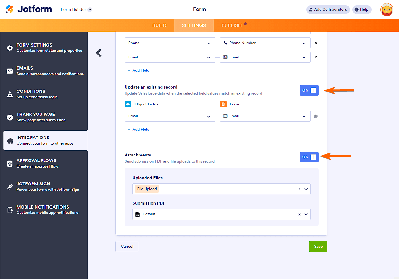 Alternancia de Actualizar y Archivos adjuntos en la integración de Salesforce con Jotform