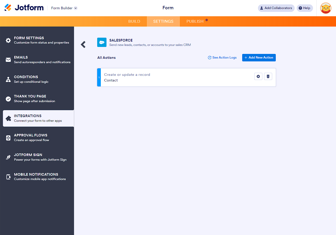 Ventana de Todas las Acciones con los botones de Registro de Acciones y Añadir Nueva Acción en la configuración de integración de Salesforce
