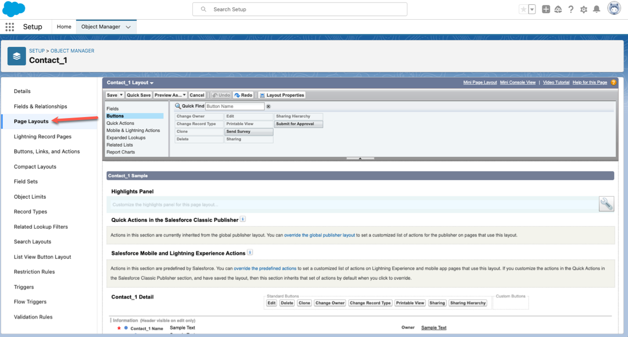 Viewing the Object Manager Page Clicking on Page Layouts