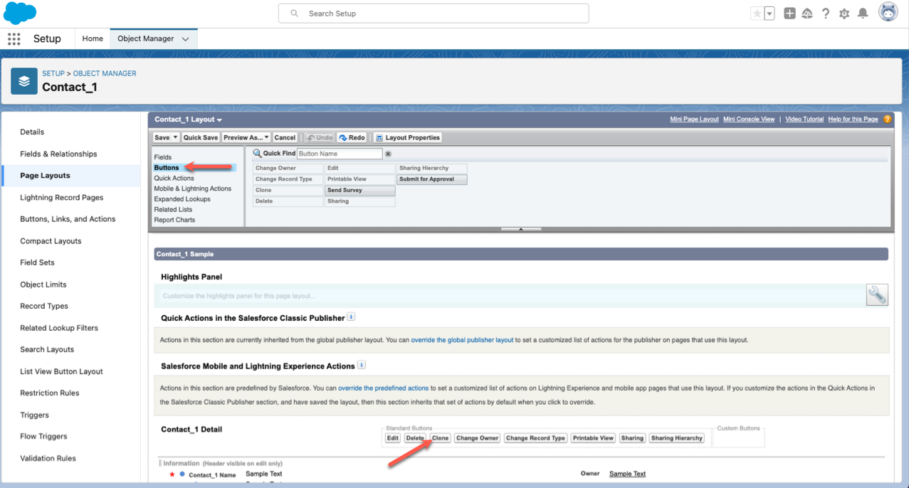 Clicking on Buttons Field Under the Contact_1 Layout Section, then Clicking on Clone