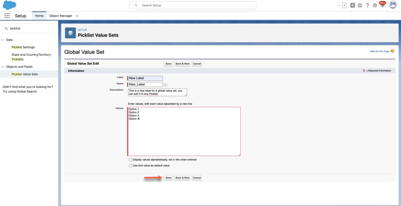 Clicking on Save in Picklist Value Sets Setup Window