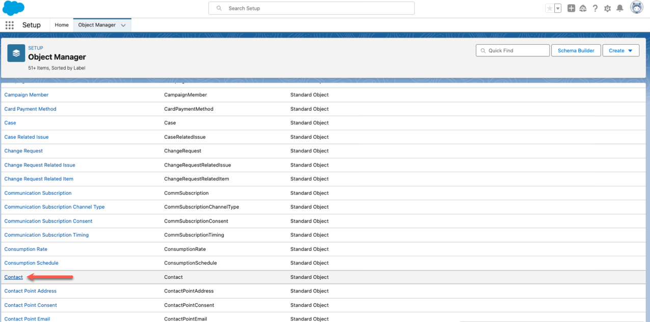 Selecting the "Contact" Object in the Object Manager tab