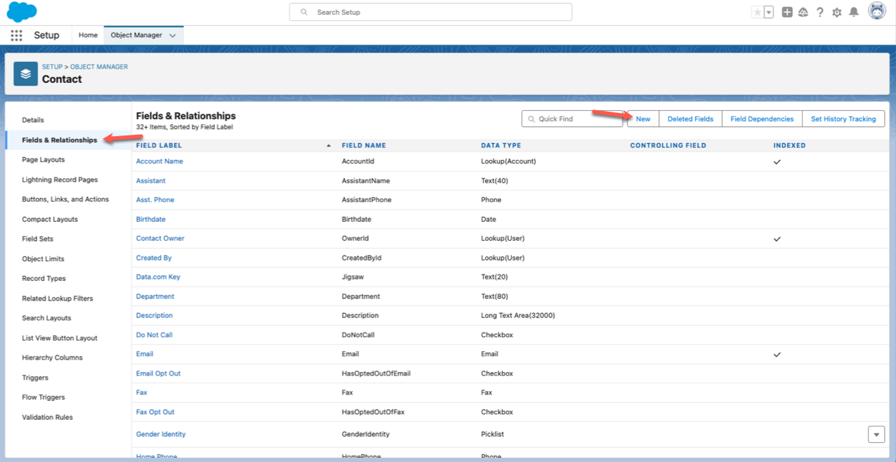 Clicking on "Fields & Relationships" tab and then "New"