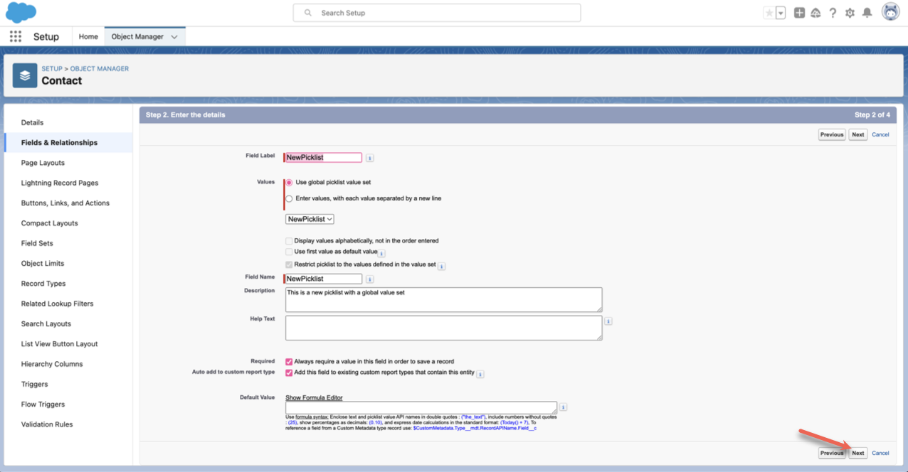 Labelling the Picklist and then Clicking on the Next Button