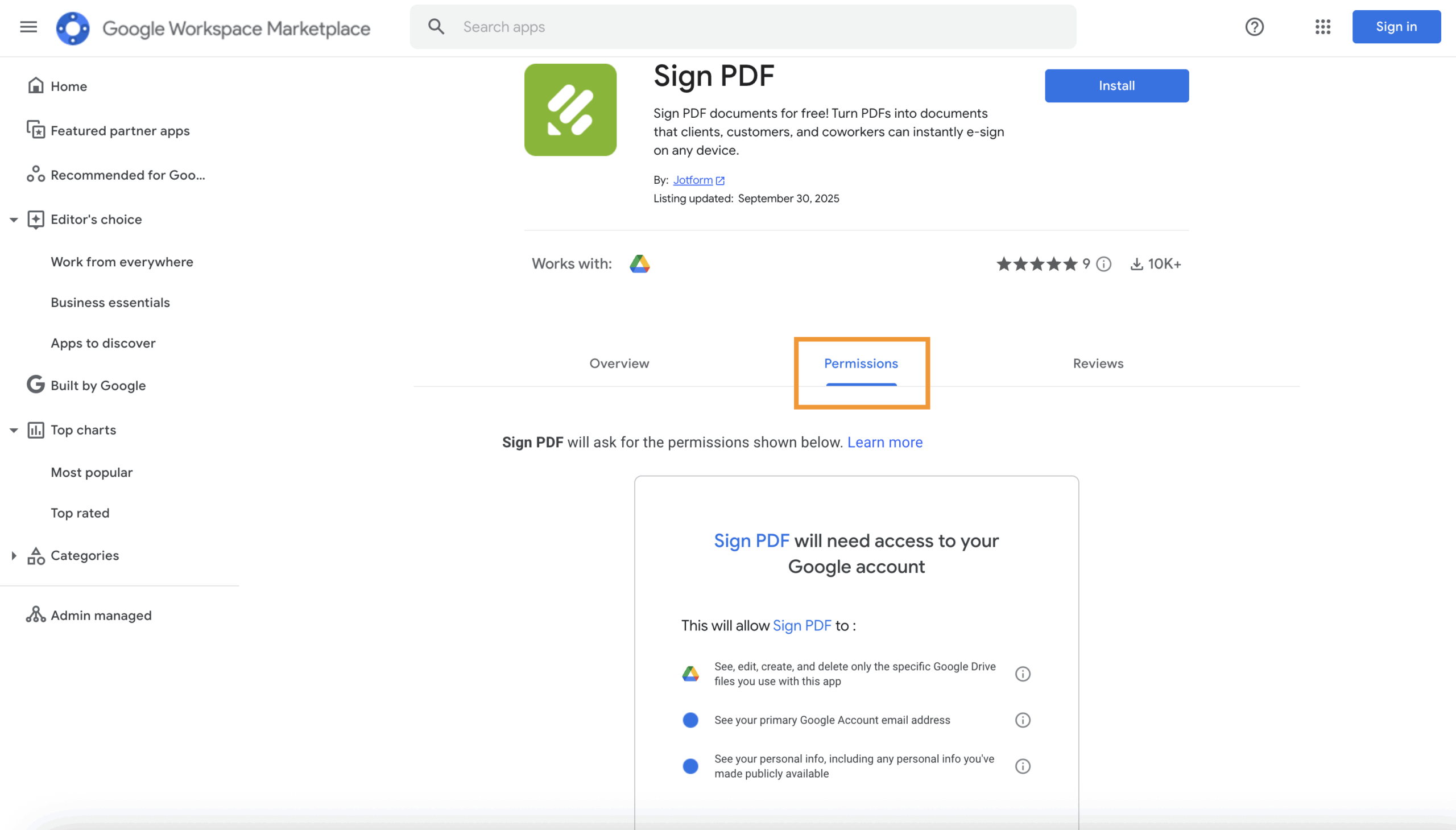 Screenshot of Sign PDF add-on in Google Workspace, with Permissions tab highlighted and a pop-up showing the data the add-on will access