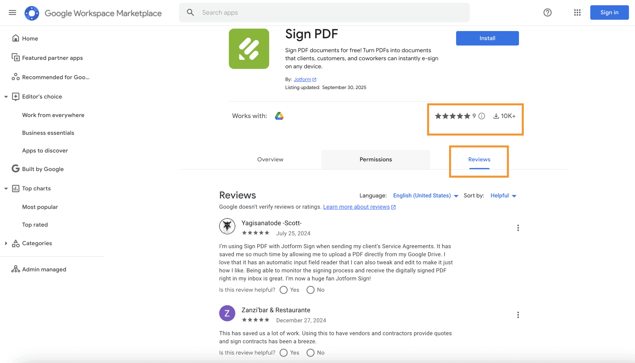 Screenshot of Sign PDF app in the Google Workspace Marketplace with the star rating and Reviews tab highlighted