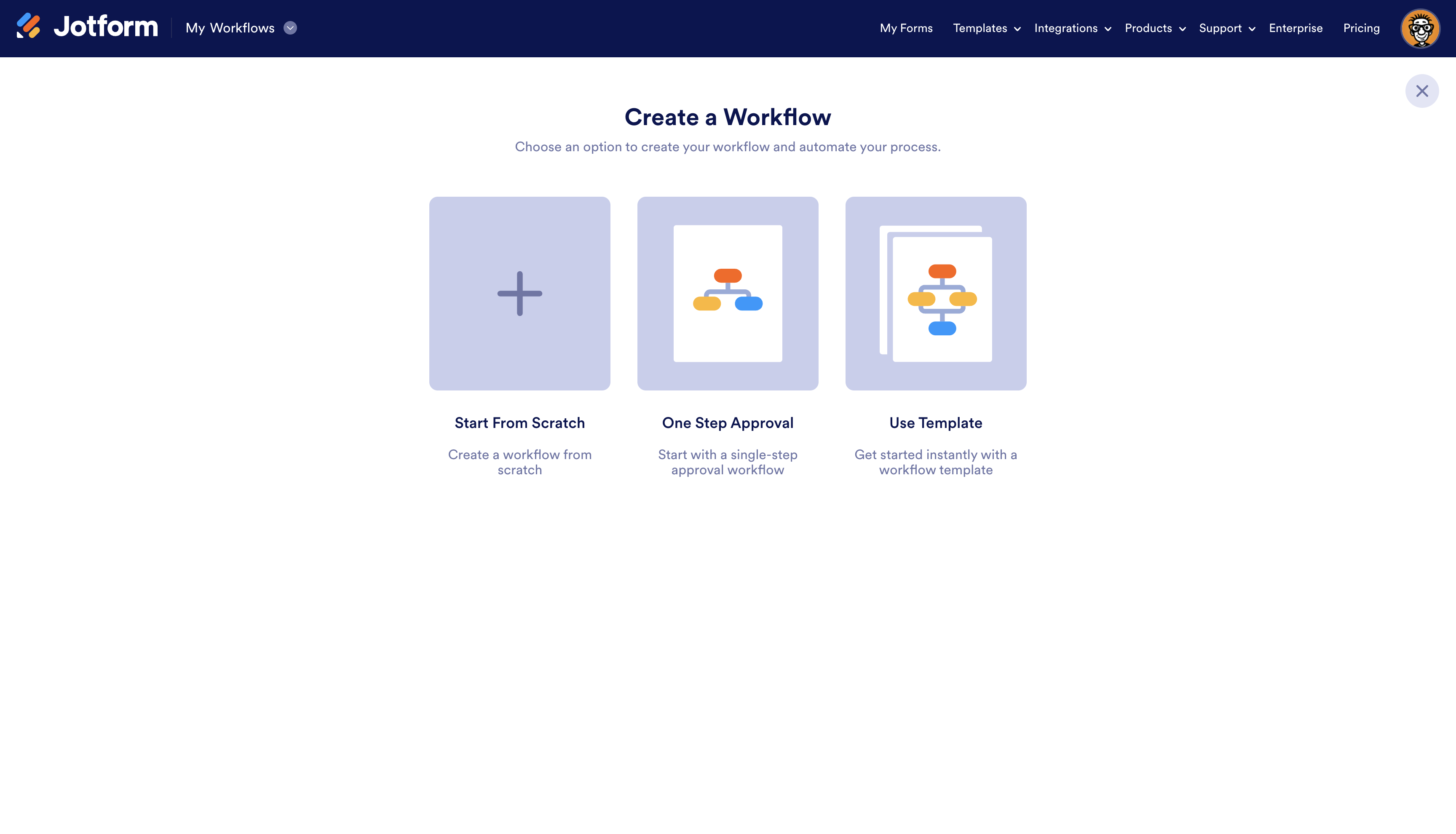 Create a Workflow Page in Jotform Displaying Three Options, Start From Scratch, One Step Approval and Use Template