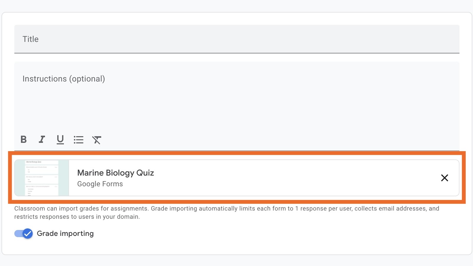 Screenshot di Google Classroom con un riquadro intorno al quiz del modulo Google allegato