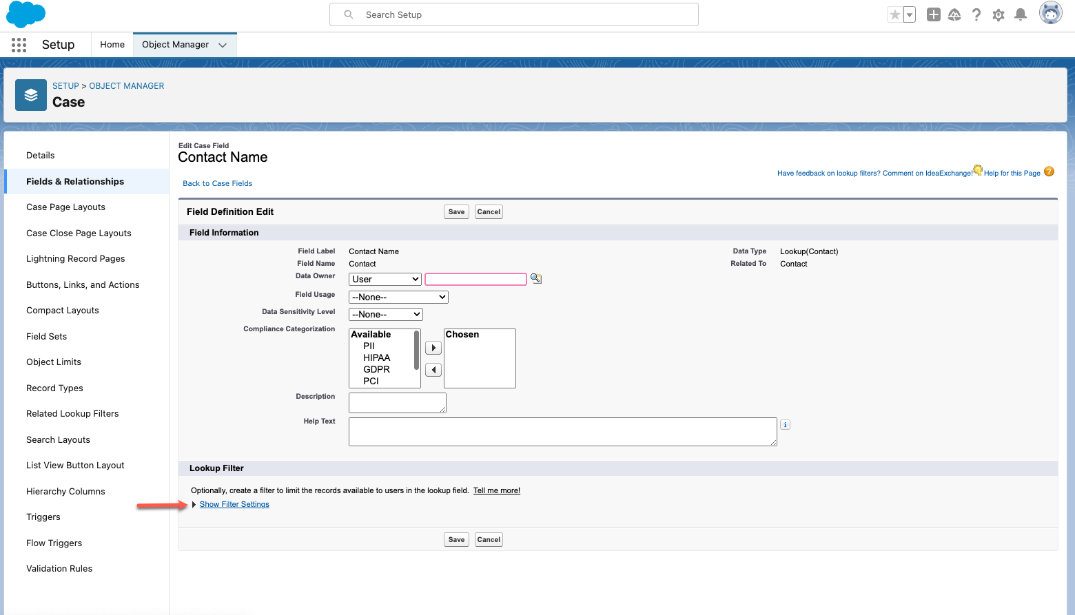 Clicking on Show Filter Settings Under Lookup Filter Field