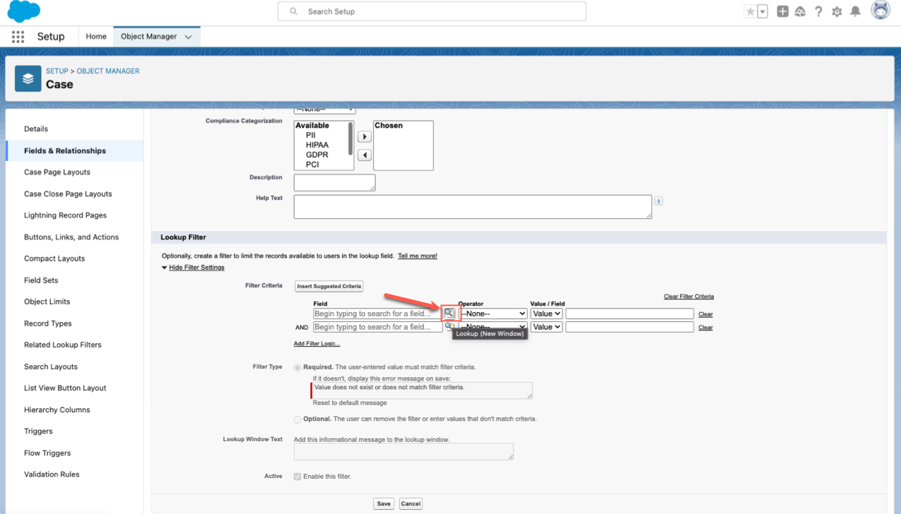 Clicking on the Magnifying Glass Icon Under the Lookup Filter Field