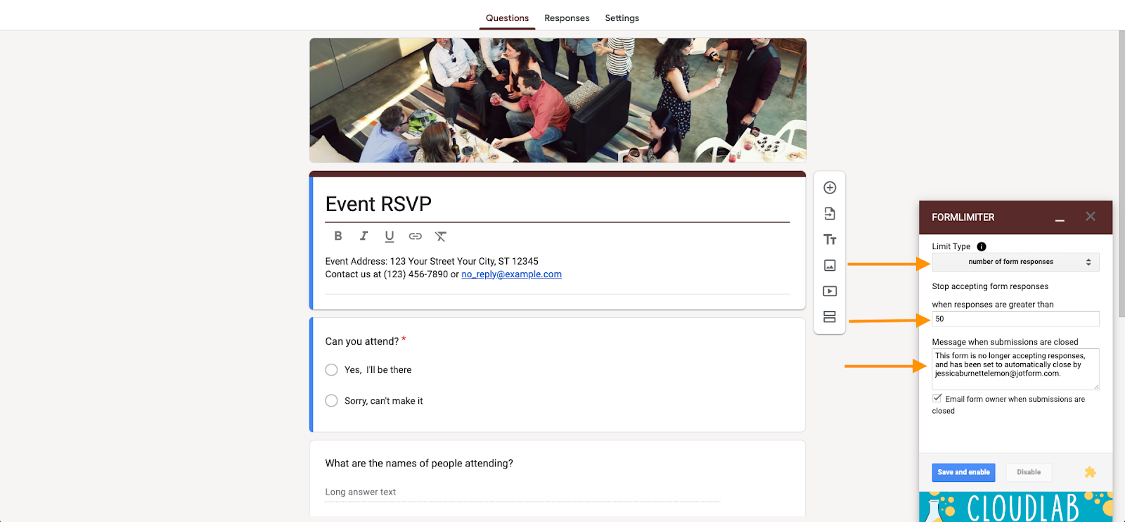 Tangkapan layar dari Google Form dengan opsi add-on Form Limiter ditampilkan