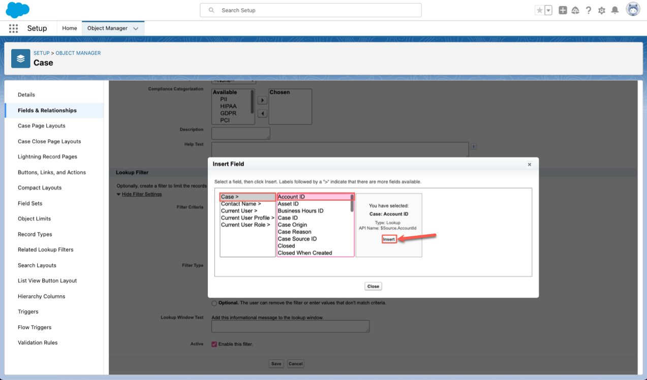 Selecting Case, Account ID and then Clicking on Insert From the Insert Field Window