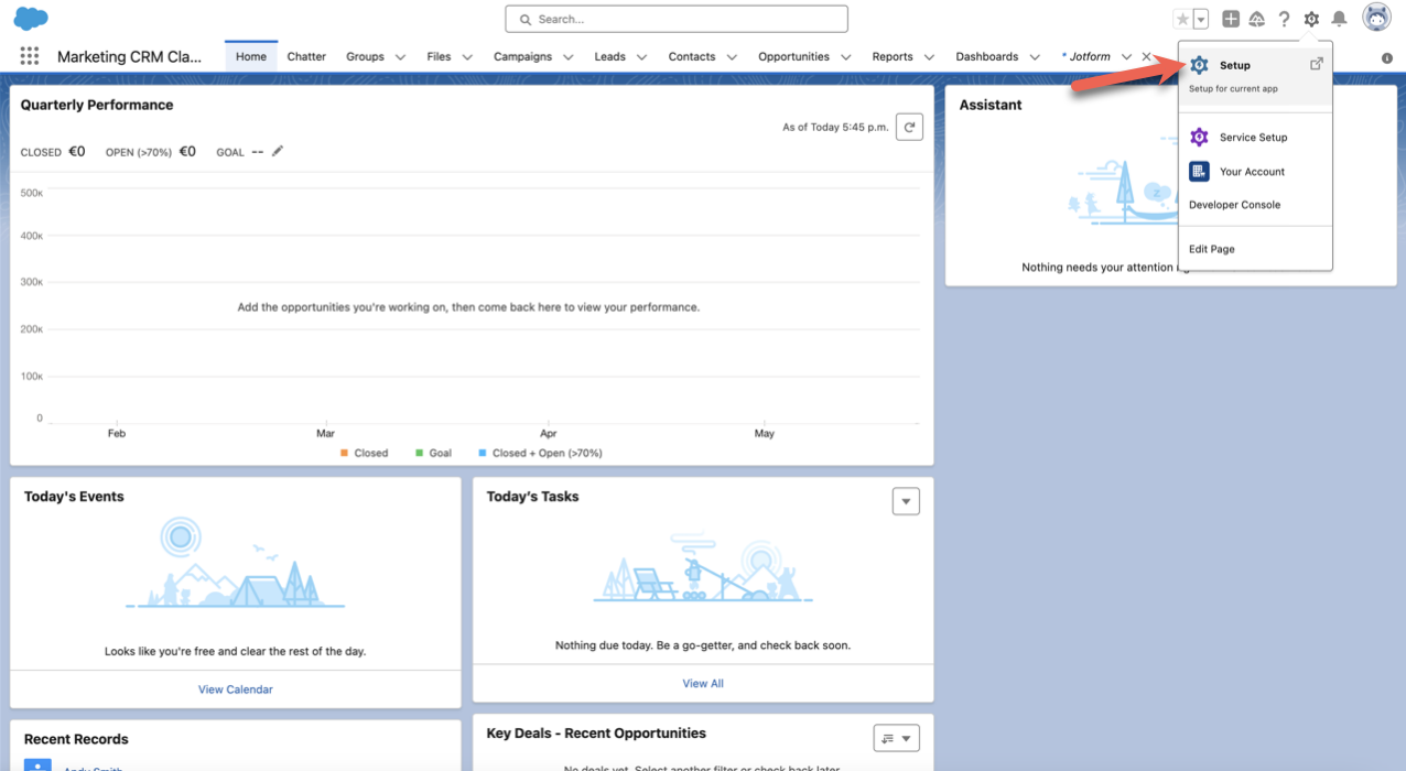 Home page in Salesforce Marketing CRM clicking on the Setup option