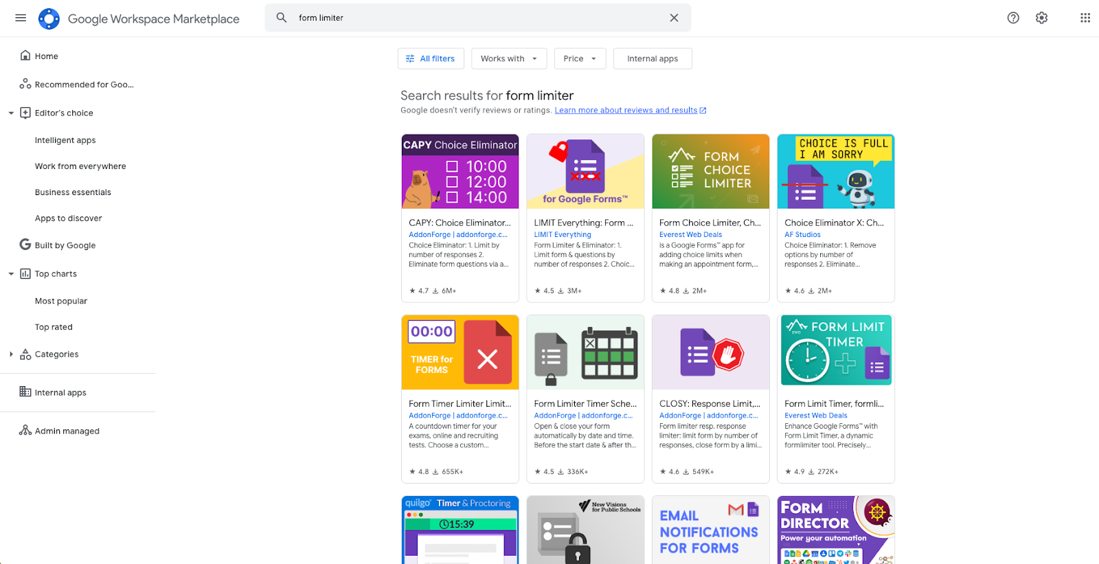 Tangkapan layar dari halaman hasil pencarian untuk frasa "form limiter" di Google Workspace Marketplace