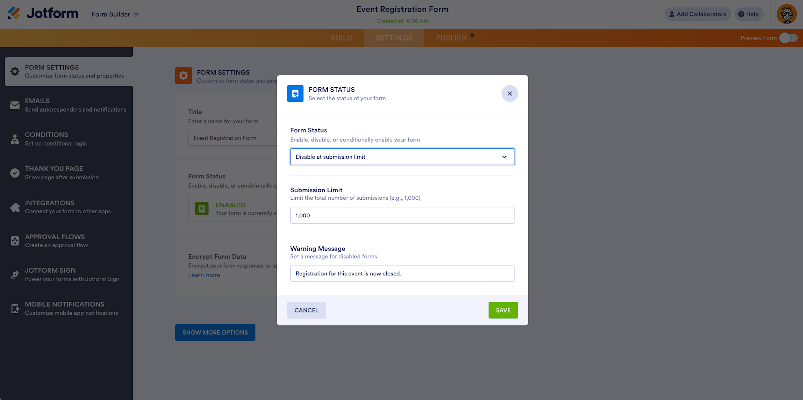 Tangkapan layar bagian Status Formulir di tab Pengaturan Pembuat Formulir Jotform
