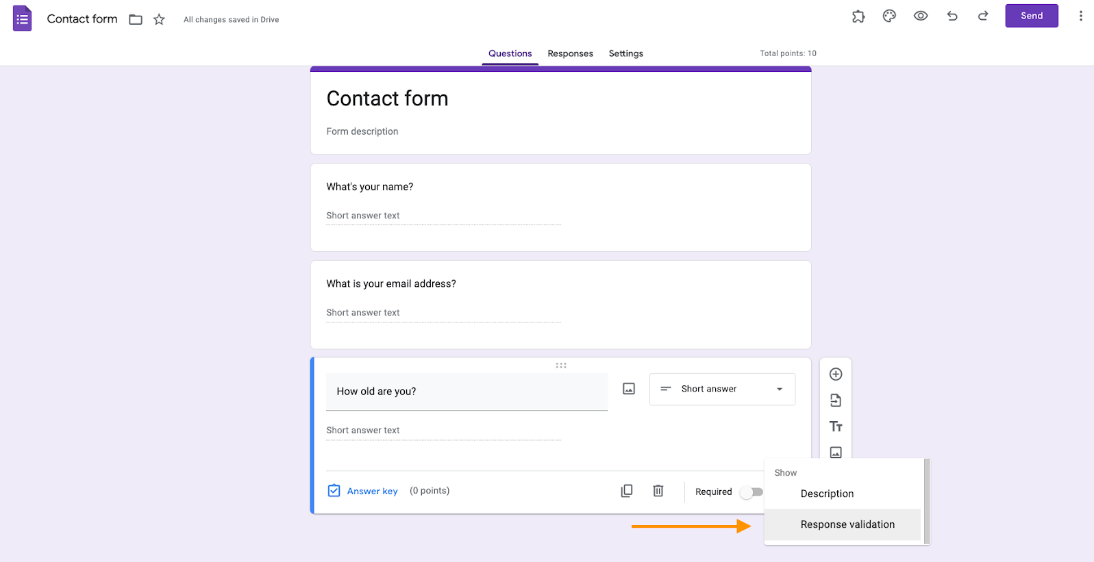 A screenshot of a Google Forms question with orange arrows indicating  the dropdown with  "Response validation" highlighted