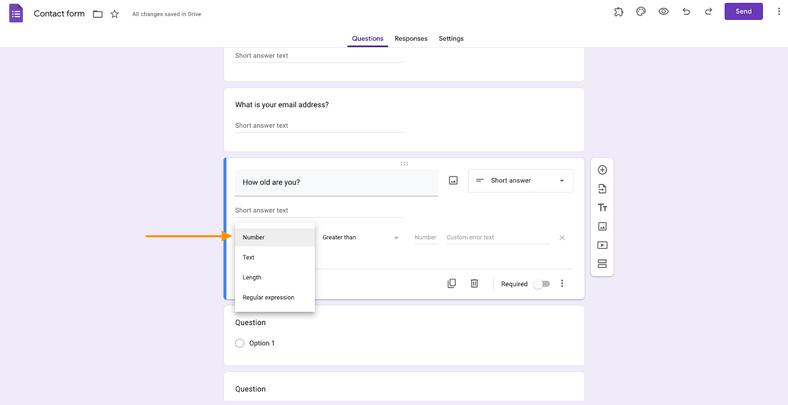 A screenshot of the dropdown menu of the response validation options in Google Forms: number, text, length, and regular expression