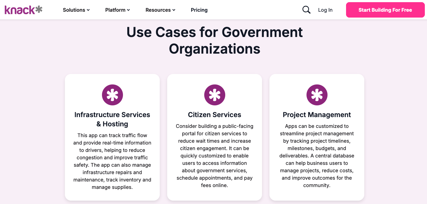 Screenshot of Knack's government landing page showing different use cases: infrastructure services, citizen services, and project management