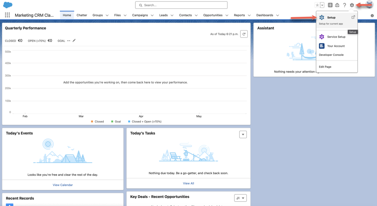 Clicking on the Gear Icon and then Setup from the Salesforce Home Page