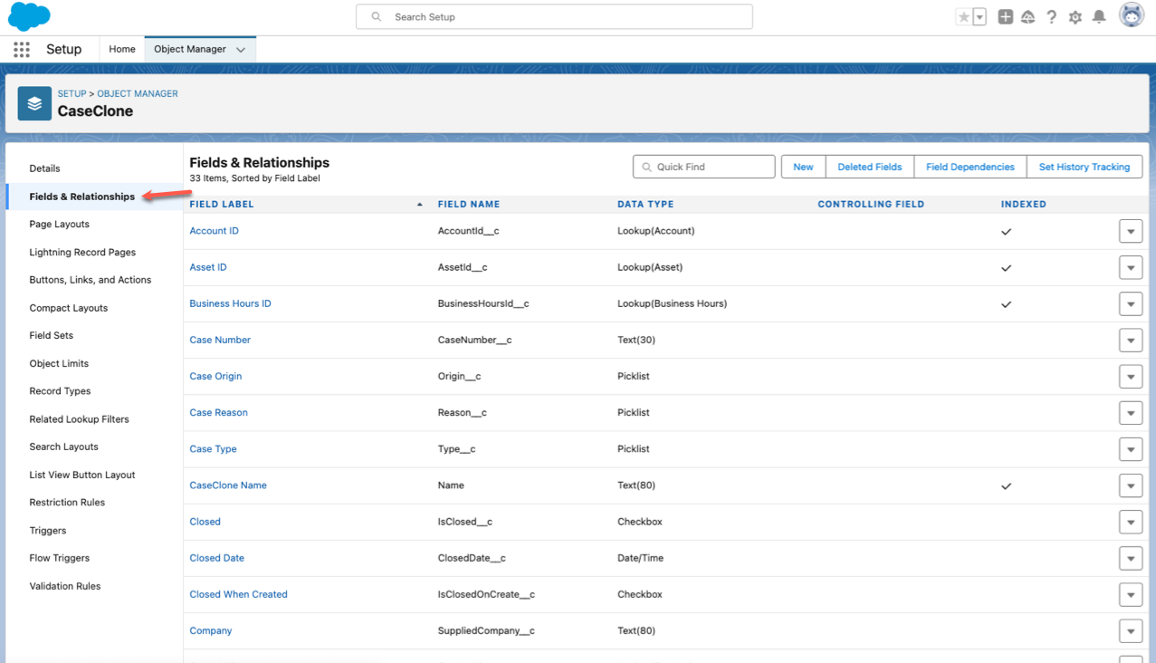 Clicking on the Fields & Relationships Tab Under the Object Manager