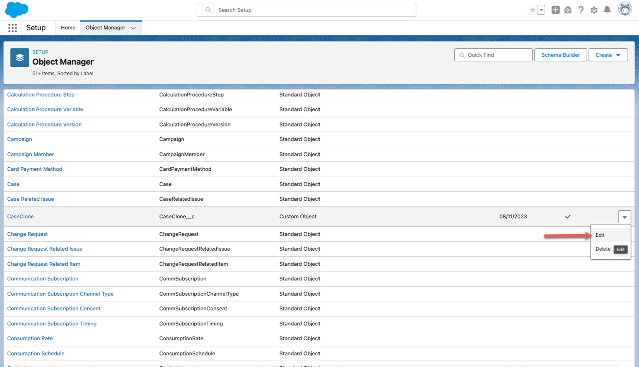 Clicking on the Edit Option From the Dropdown of CaseClone Field Under ObjectManager