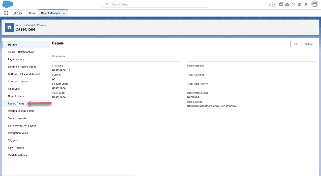 Clicking on the Record Types Option from the CaseClone Object Details