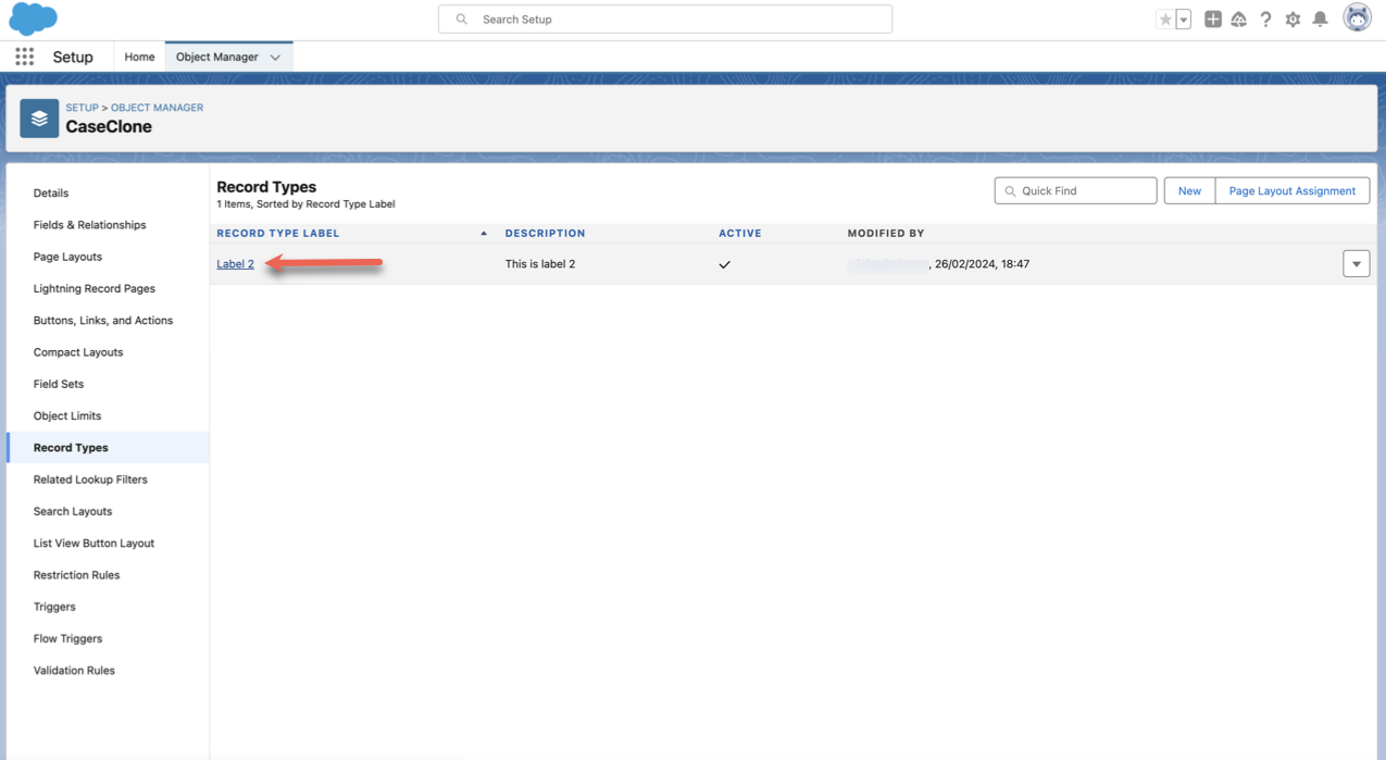 Selecting the Label 2 Option from the Record Types Tab in Salesforce
