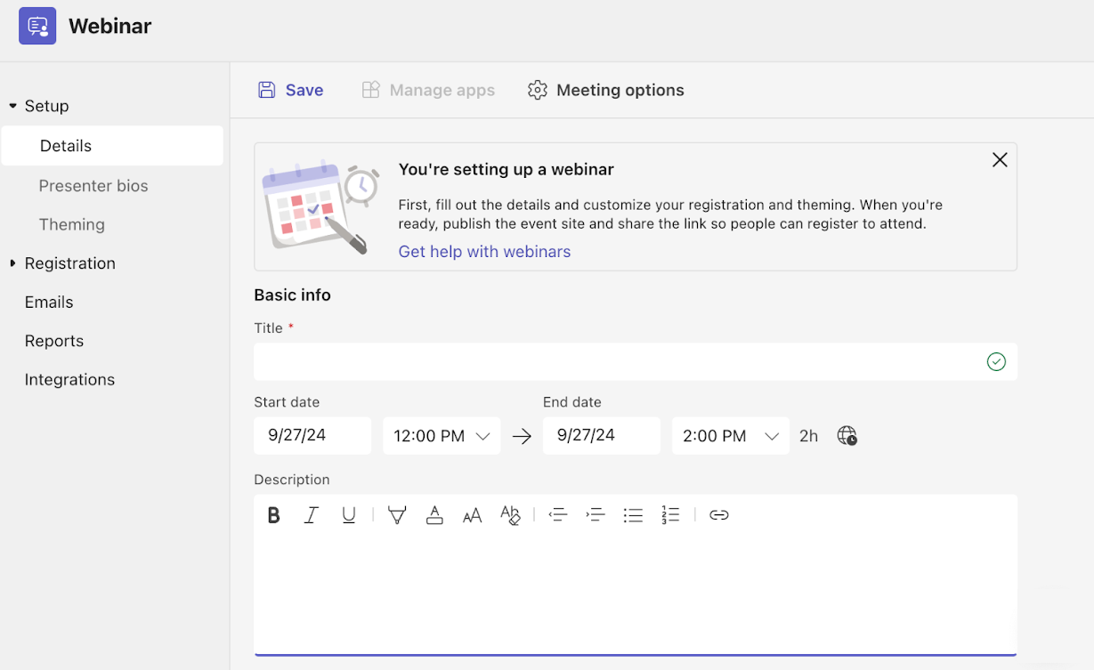 Viewing the Basic Info in the Microsoft Teams Webinar Section