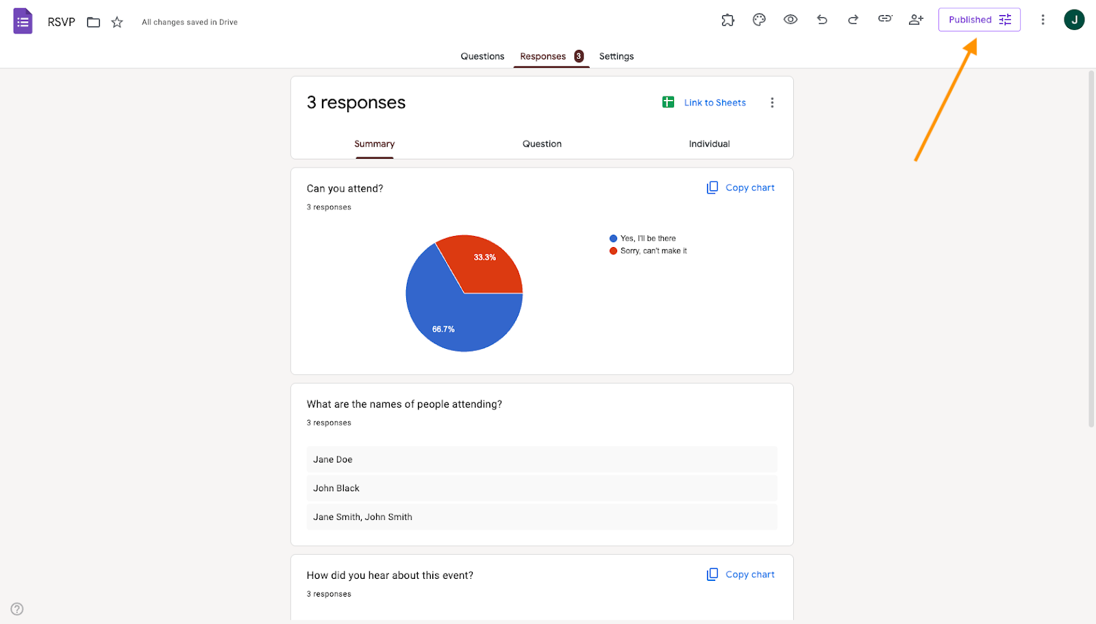 Google Forms "Published" Button on the top right corner of the page