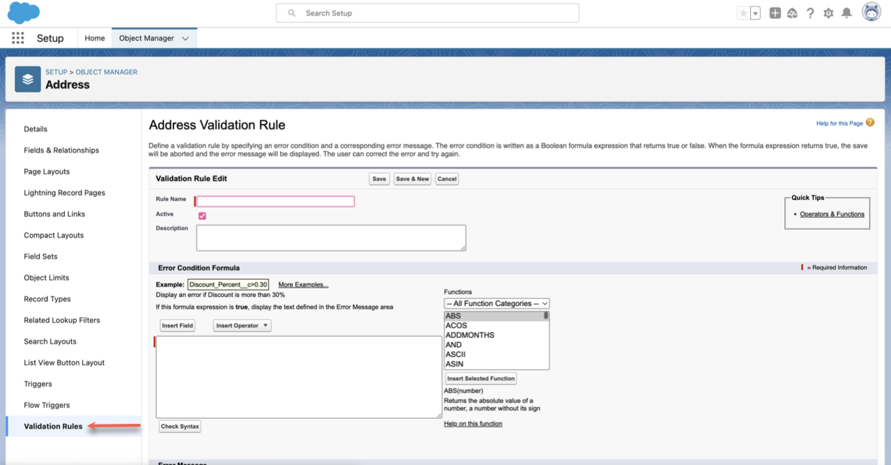 Selecting the Validation Rules Tab in the Settings of the Address Object