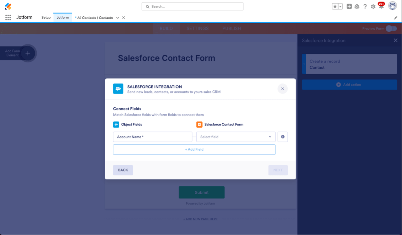 Salesforce Contact Form with Jotform Form Builder in Salesforce AppExchange Viewing Salesforce Integration to Connect Fields