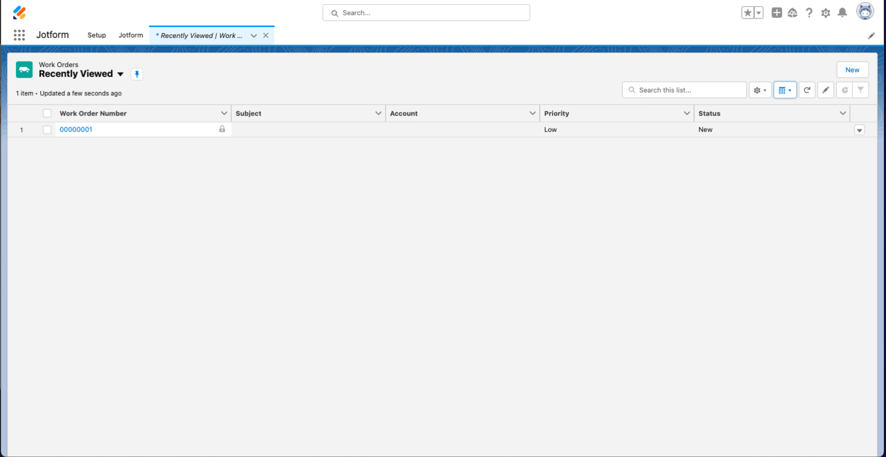 Salesforce interface displaying a recently viewed work order with work order number 00000001 and low priority status