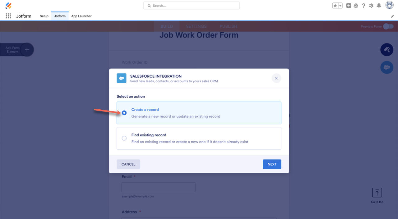 Salesforce integration setup in Jotform with the option to create a new record or update an existing one highlighted