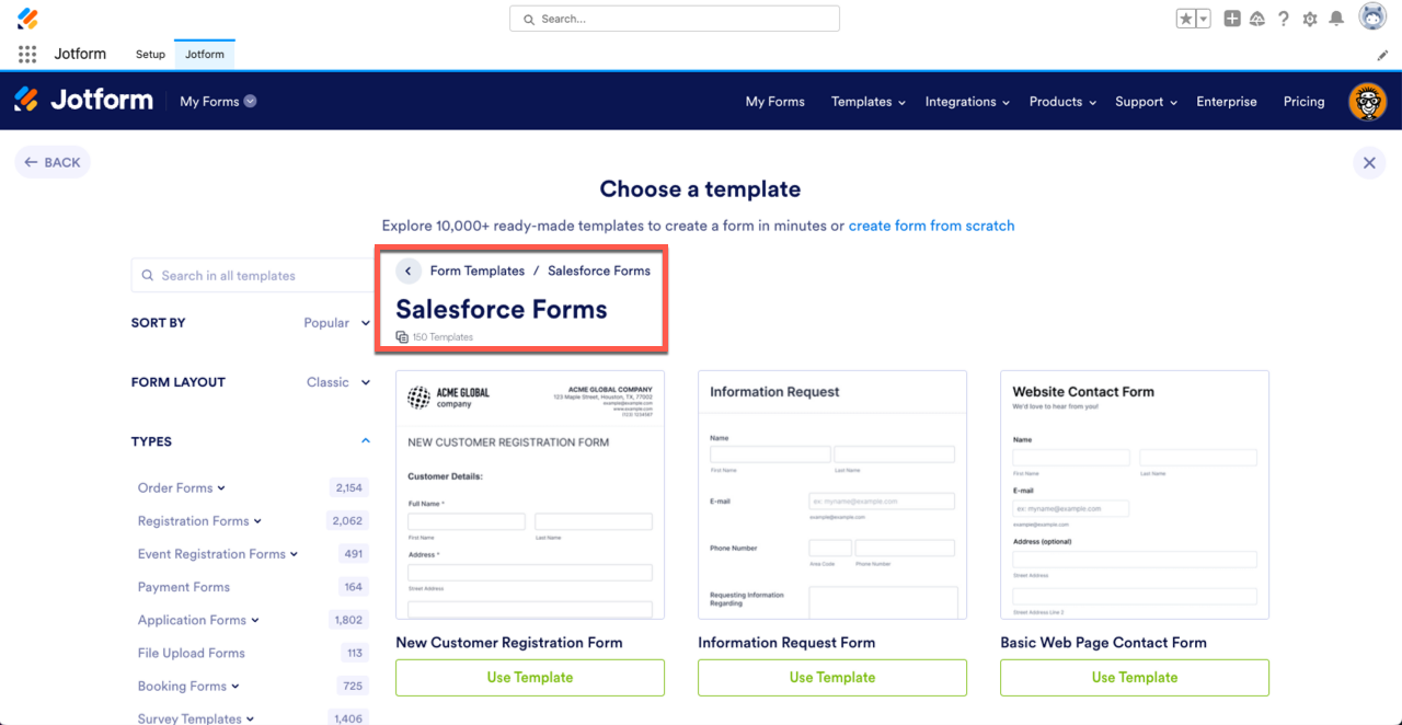 Jotform template selection page highlighting Salesforce Forms with various form templates available for use