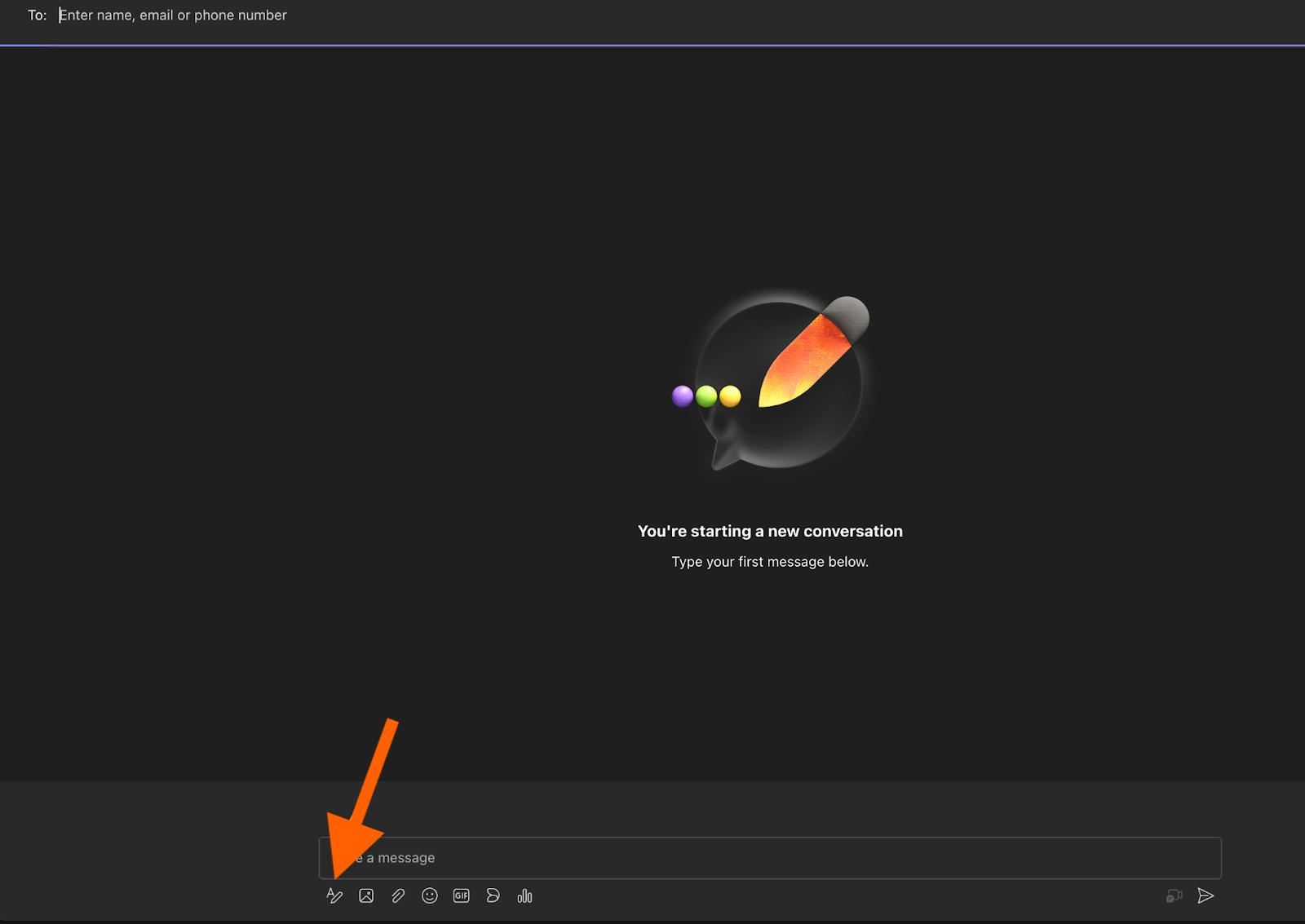 Screenshot of the Format button Below the chat box in Microsoft Teams