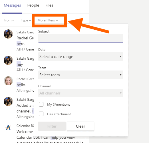 Screenshot of the More Filters Option in Microsoft Teams Messages