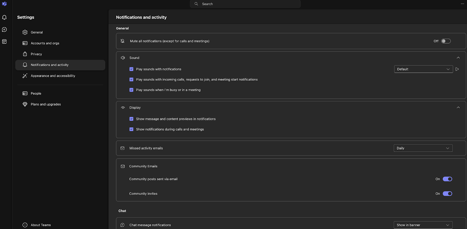 Screenshot of the Settings Screen in Microsoft Teams 