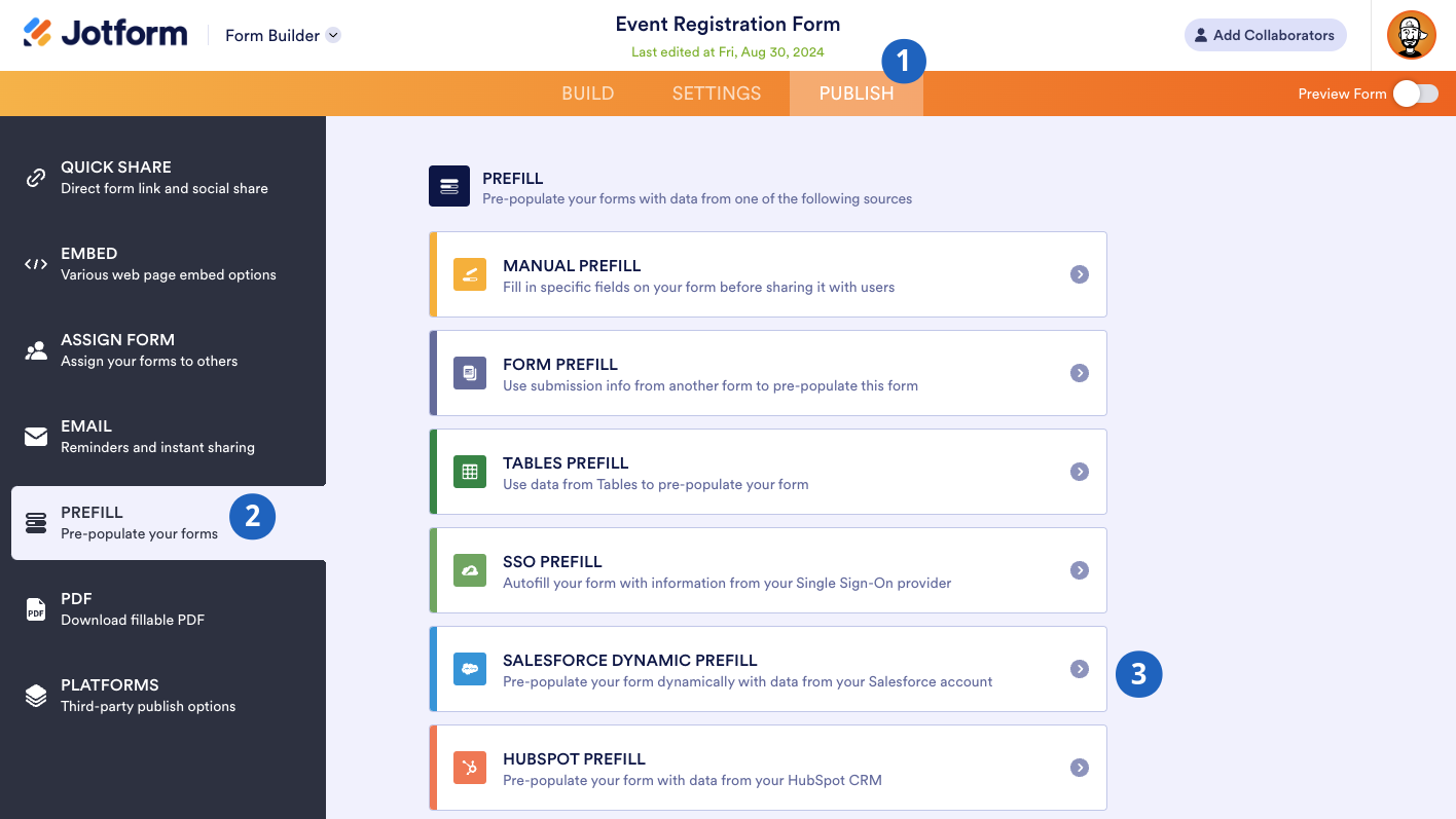 Clicking on Salesforce Dynamic Prefill in the Prefill tab of Jotform Form Builder