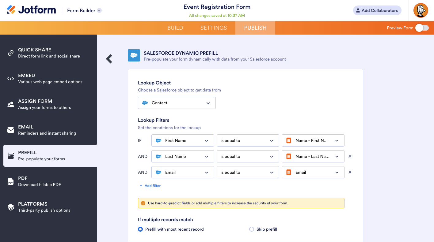 Viewing First Name, Last Name and Email Lookup Filters in Salesforce Dynamic Prefill Options