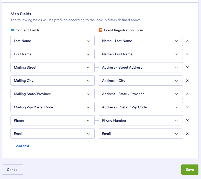 Contact Fields and Event Registration Form Fields Viewed in the Map Fields Window in Jotform Form Builder