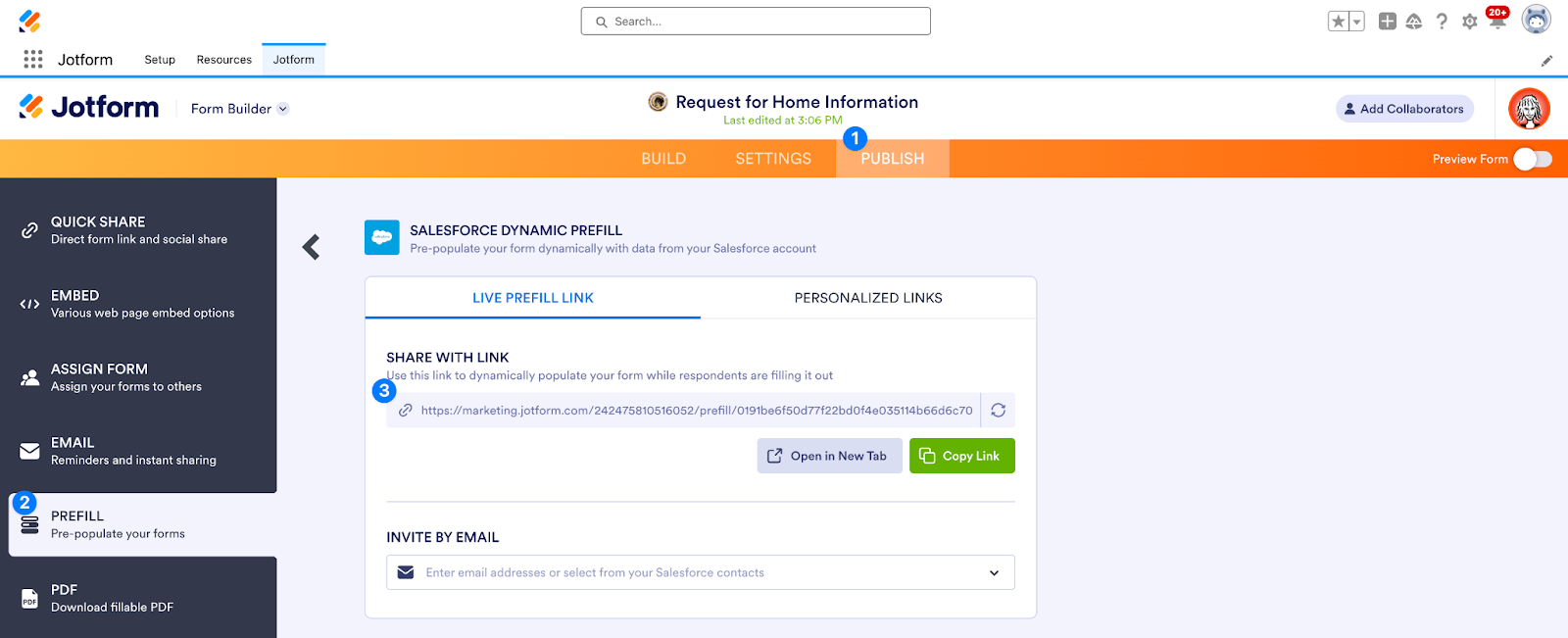 Copying the Prefill Link Under the "Share With Link" Field in the Salesforce Dynamic Prefill Options for Prefill Link Automation