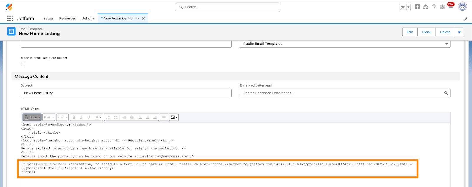 Inserting the Prefill Links and Adding the Custom Merge Field Under the HTML Value Field in Salesforce