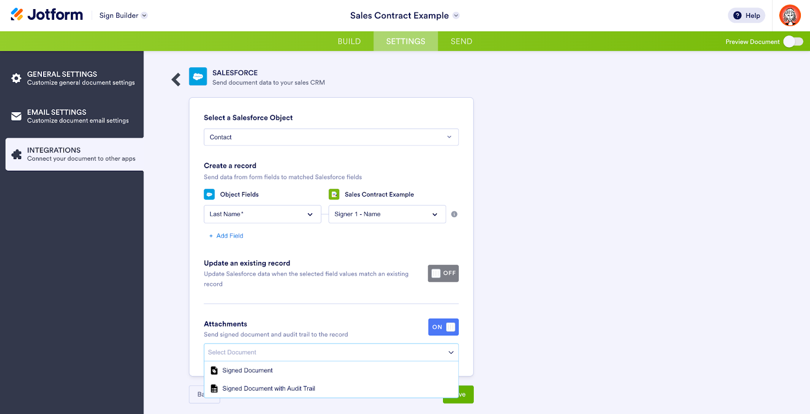 Toggling on the Attachments Option and Selecting an Attachment Under the Salesforce Integration Settings in Jotform Sign