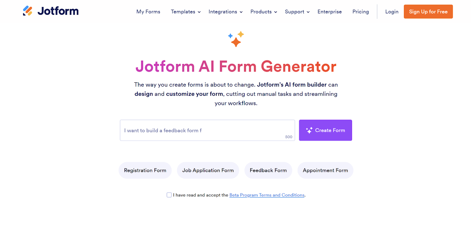 Cuplikan layar Jotform AI Form Generator
