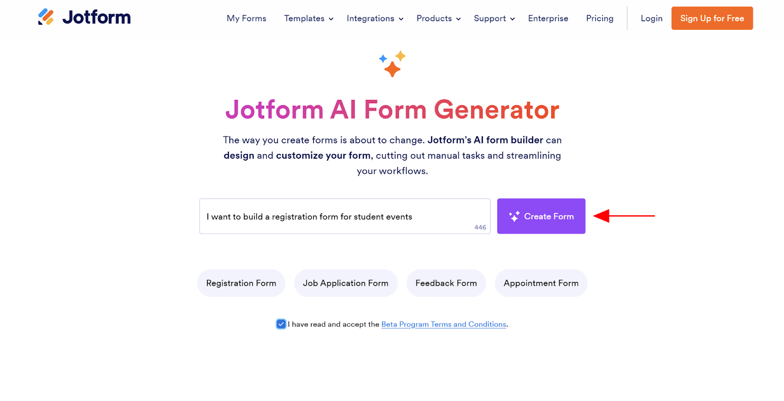 Cuplikan layar Jotform AI Form Generator, dengan panah menunjukkan tombol Create Form