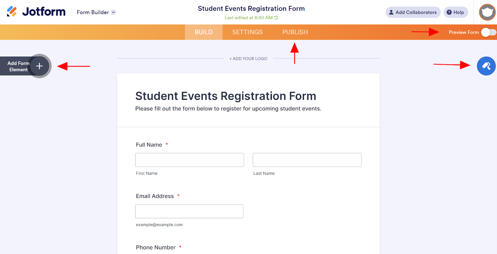 Cuplikan layar Jotform Form Builder dengan panah menunjukkan Add Form Element, ikon Form Designer, toggle Preview Form, dan tab Publish