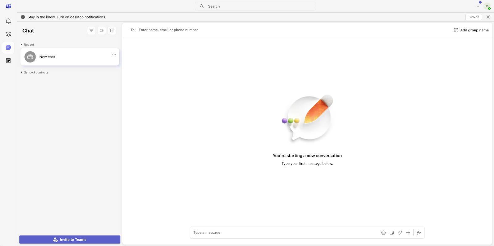 Screenshot of the Chat screen in Microsoft Teams