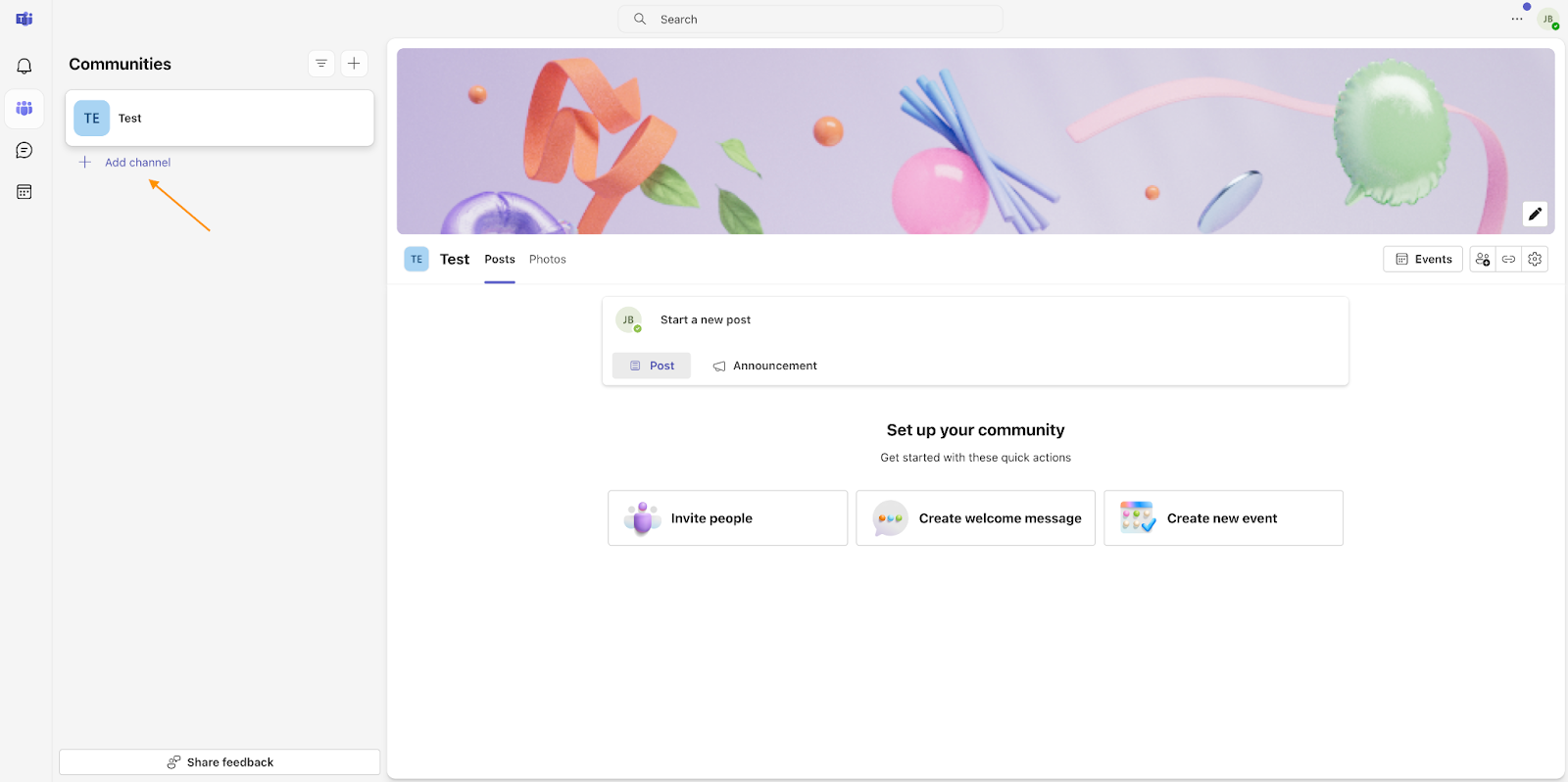 Screenshot showing the Add Channel option in the Communities section of Microsoft Teams