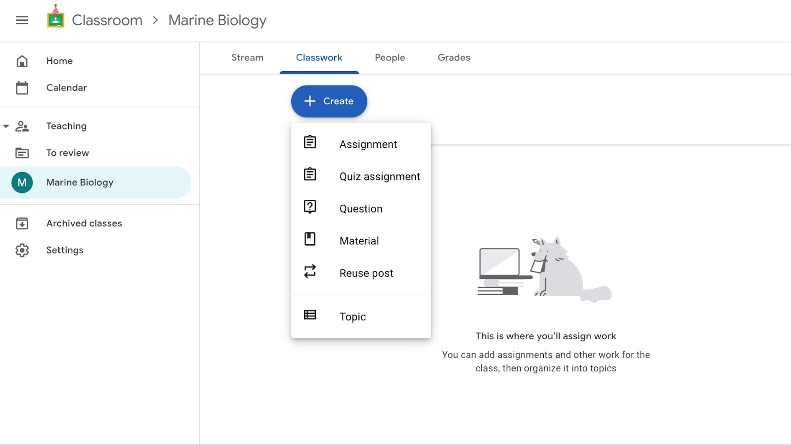 Screenshot di Google Classroom con il menu "Crea" aperto
