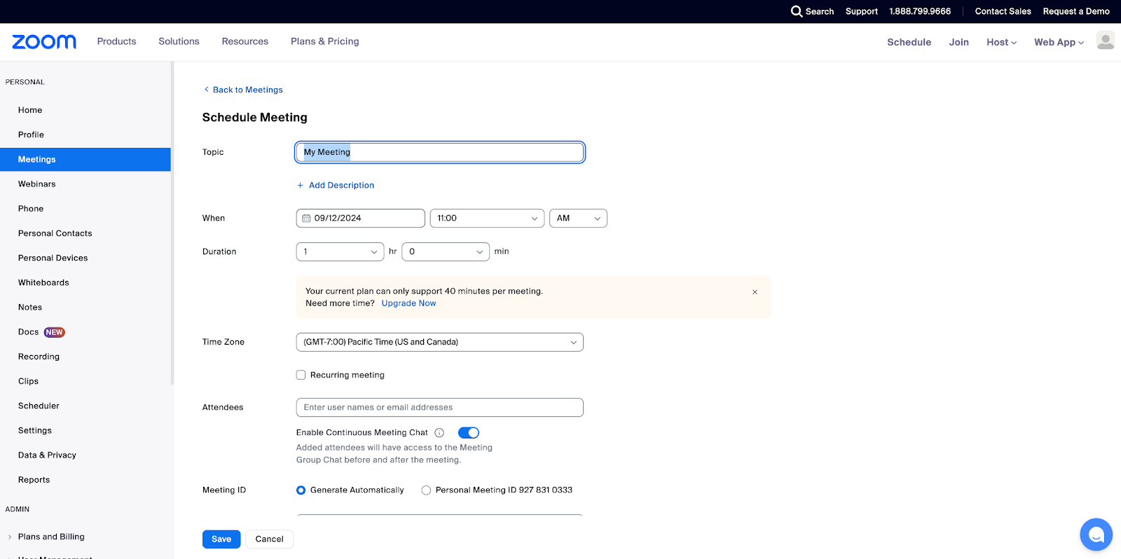 Screenshot of the fields for setting up a new meeting in Zoom